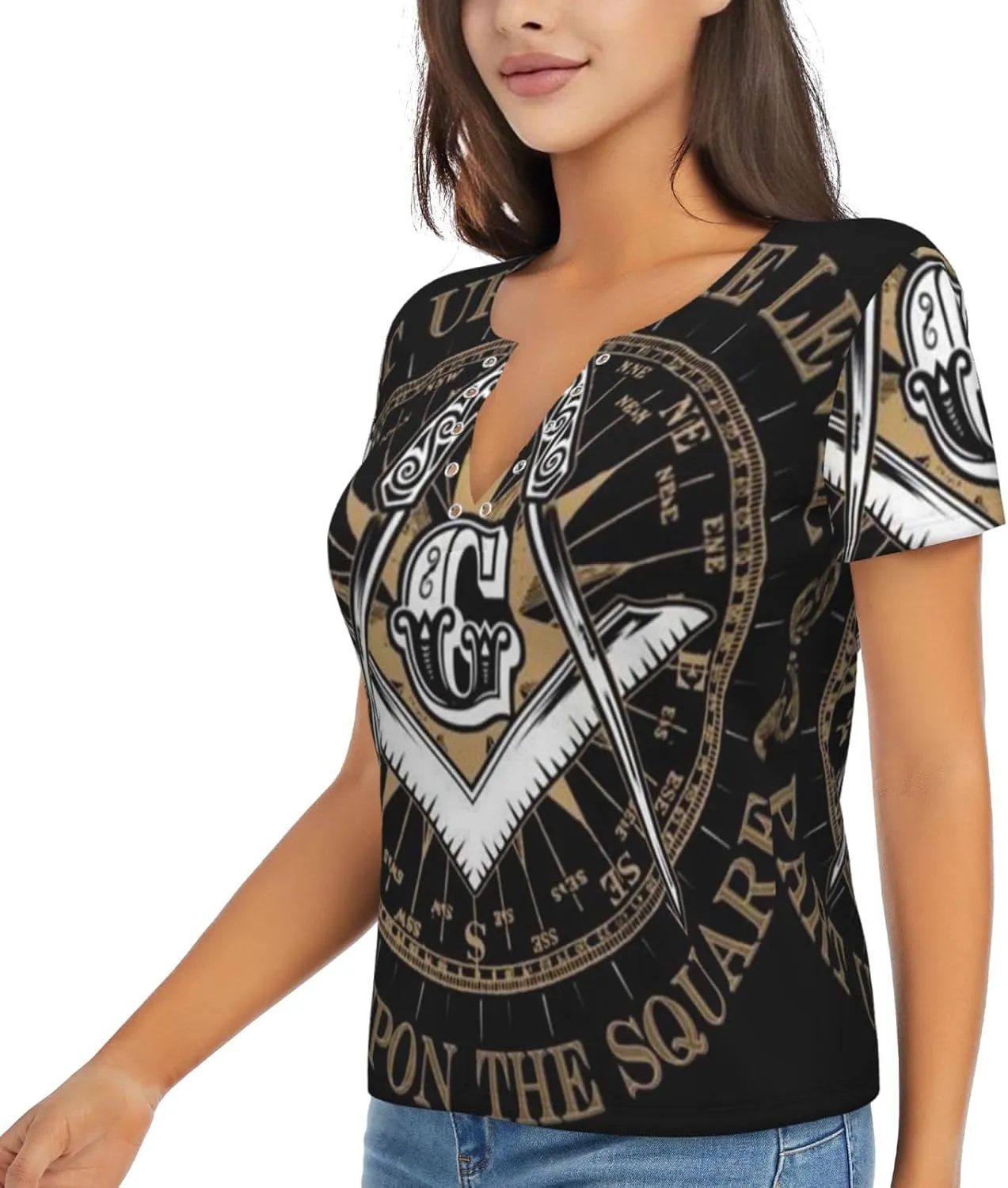 Freemasonry Masonic Lodge Symbol Logo Women's V Neck Short Sleeve Tops Summer Casual Cute Fashion Button T Shirts