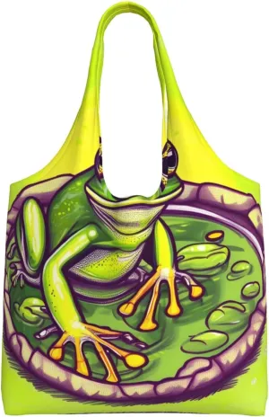 Frog in a pond Printed single-shoulder canvas bag, fashionable daily canvas bag, suitable for daily travel and shopping