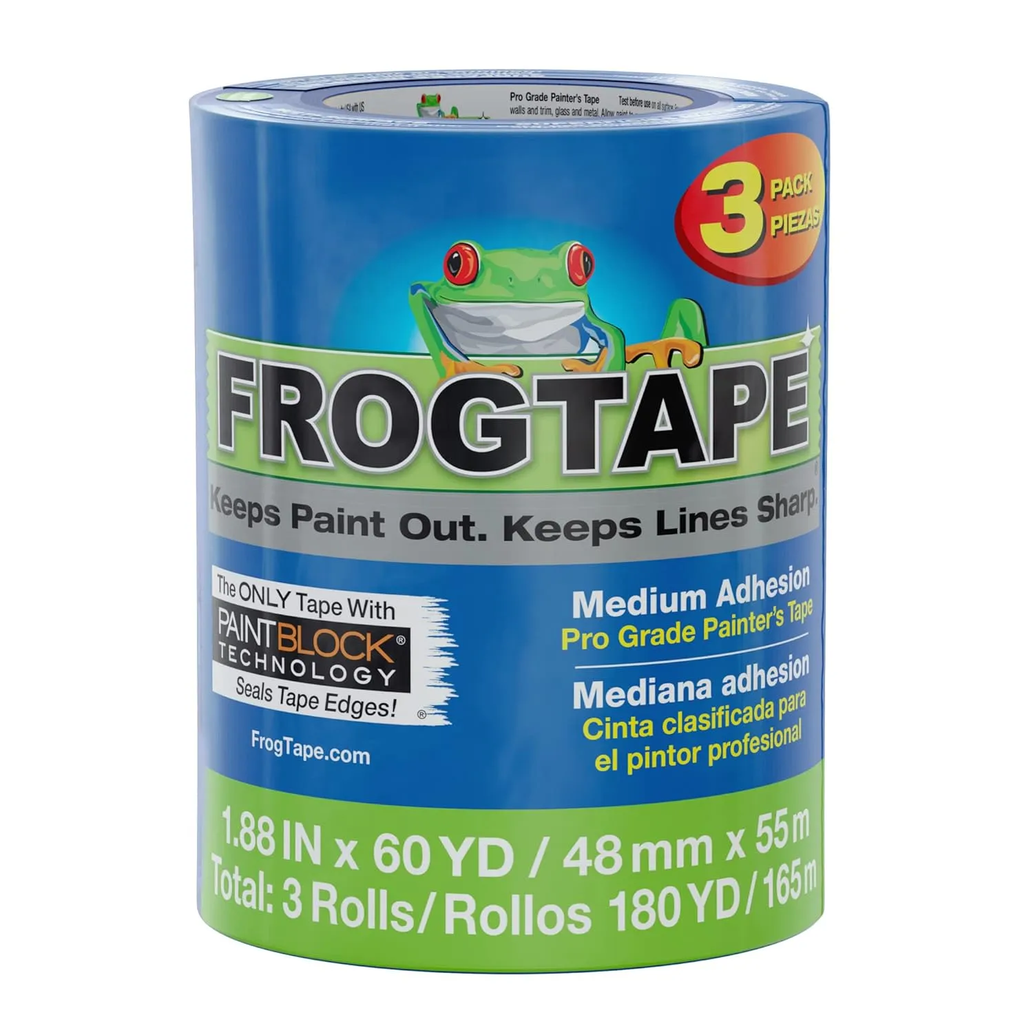FrogTape Pro Painter's Tape with PAINTBLOCK, Medium Adhesion, 1.88" Wide x 60 Yards Long, Blue, 18 Rolls (104957)