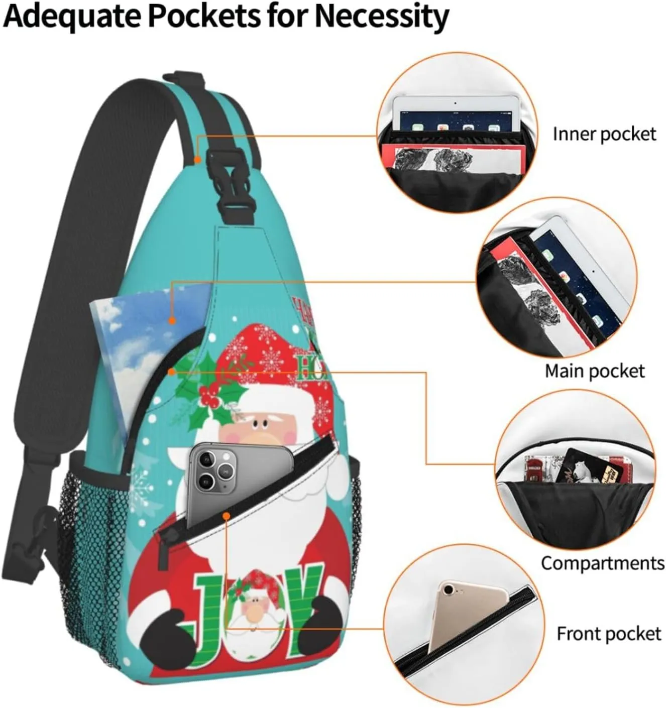 Fun Santa Claus Crossbody Sling Bag Adjustable Holiday Pattern With Christmas Candies Chest Bag Shoulder Bag Backpack