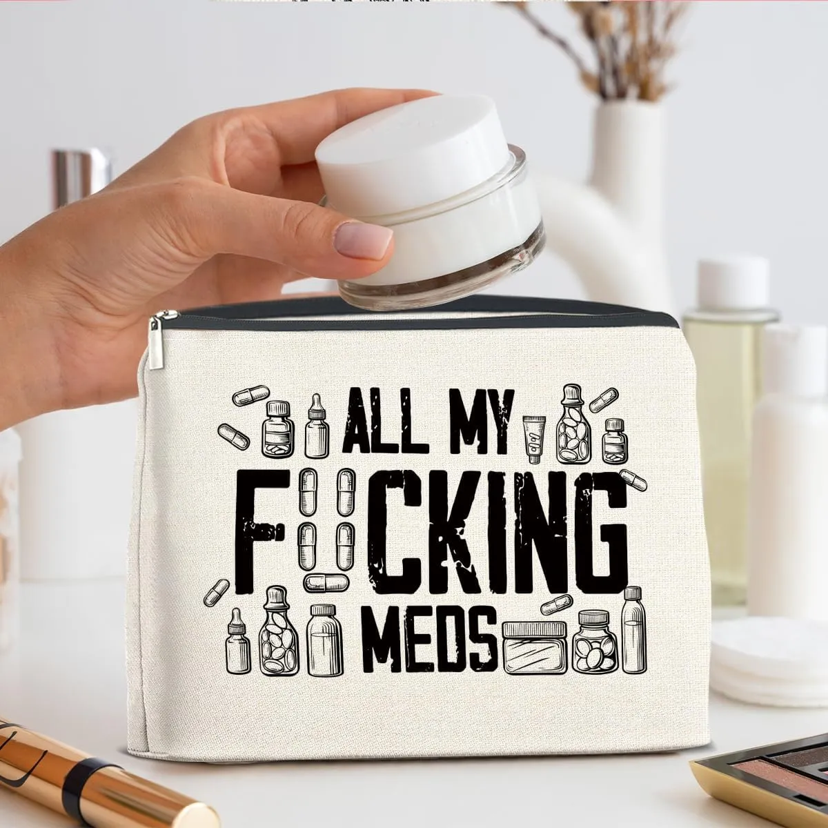 Funny Medicine Makeup Bag Gifts for Nurse Practitioner Pharmacist Patient All My Meds Cosmetic Bag Zipper Makeup Pouch