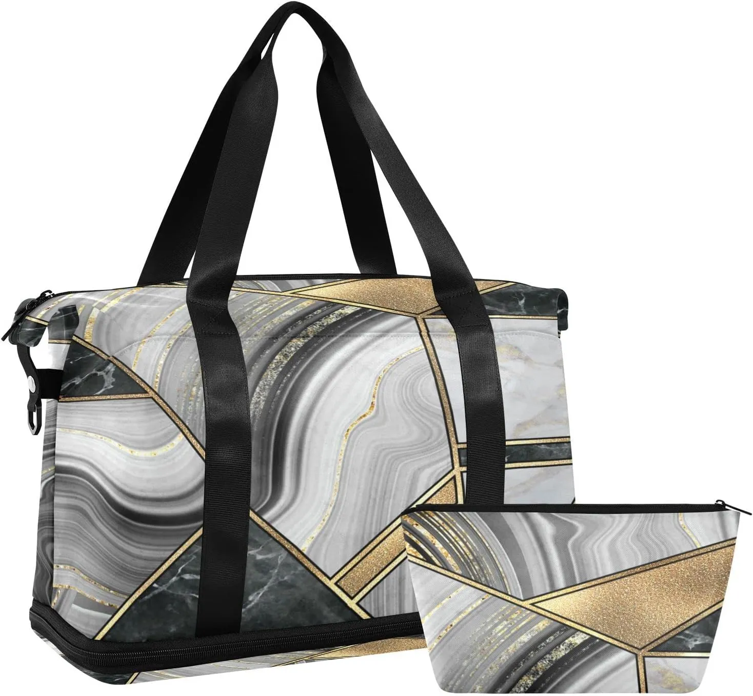 Geometrical Marble Mosaic Artificial Stone Green Marbled Tile Gym Duffel Bag, Polyester Travel Weekender Luggage Handbag with Waterproof Pocket for Wet Items, Unisex Foldable Tote for Sports