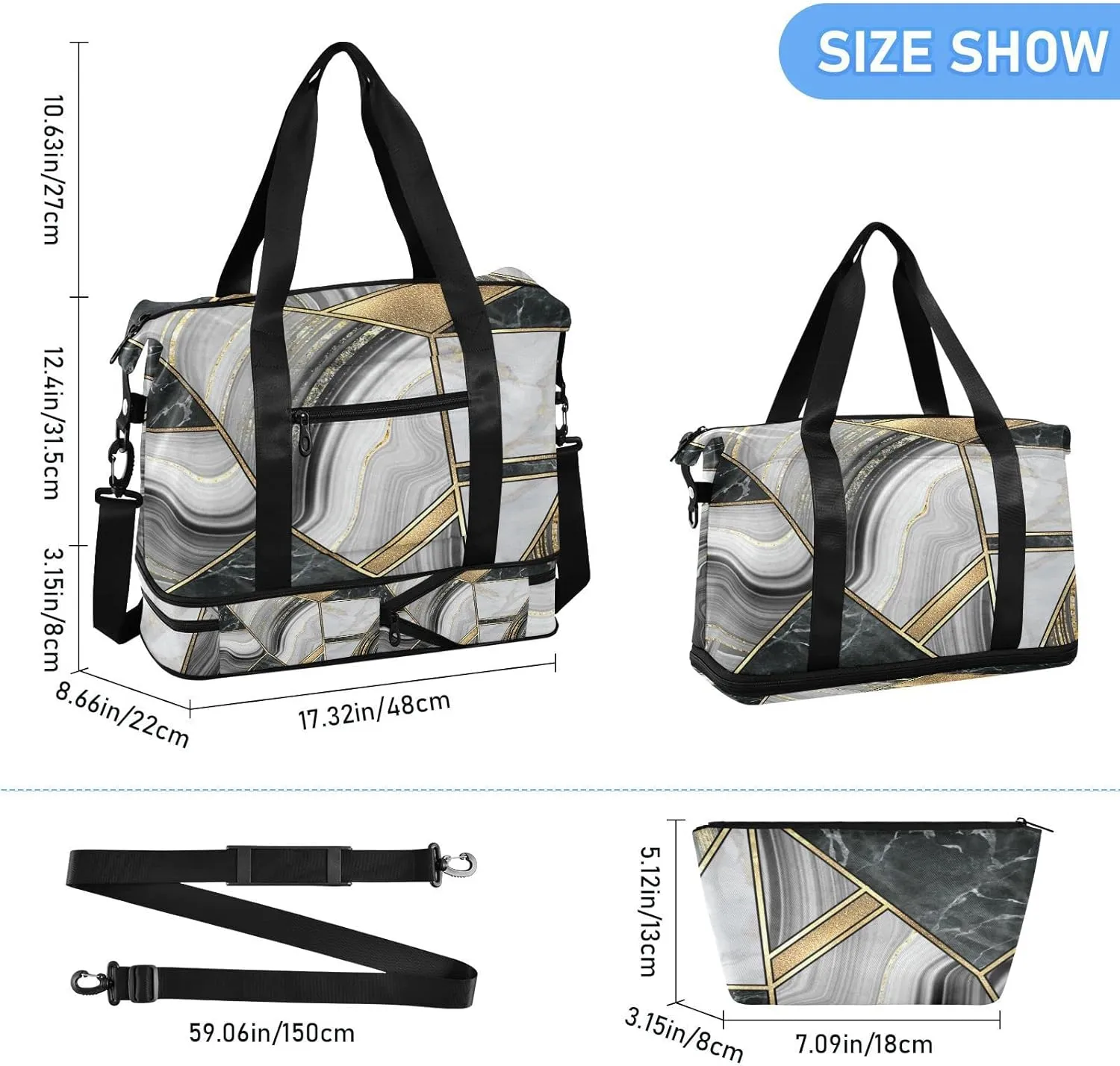 Geometrical Marble Mosaic Artificial Stone Green Marbled Tile Gym Duffel Bag, Polyester Travel Weekender Luggage Handbag with Waterproof Pocket for Wet Items, Unisex Foldable Tote for Sports