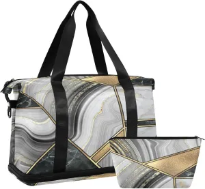 Geometrical Marble Mosaic Artificial Stone Green Marbled Tile Gym Duffel Bag, Polyester Travel Weekender Luggage Handbag with Waterproof Pocket for Wet Items, Unisex Foldable Tote for Sports