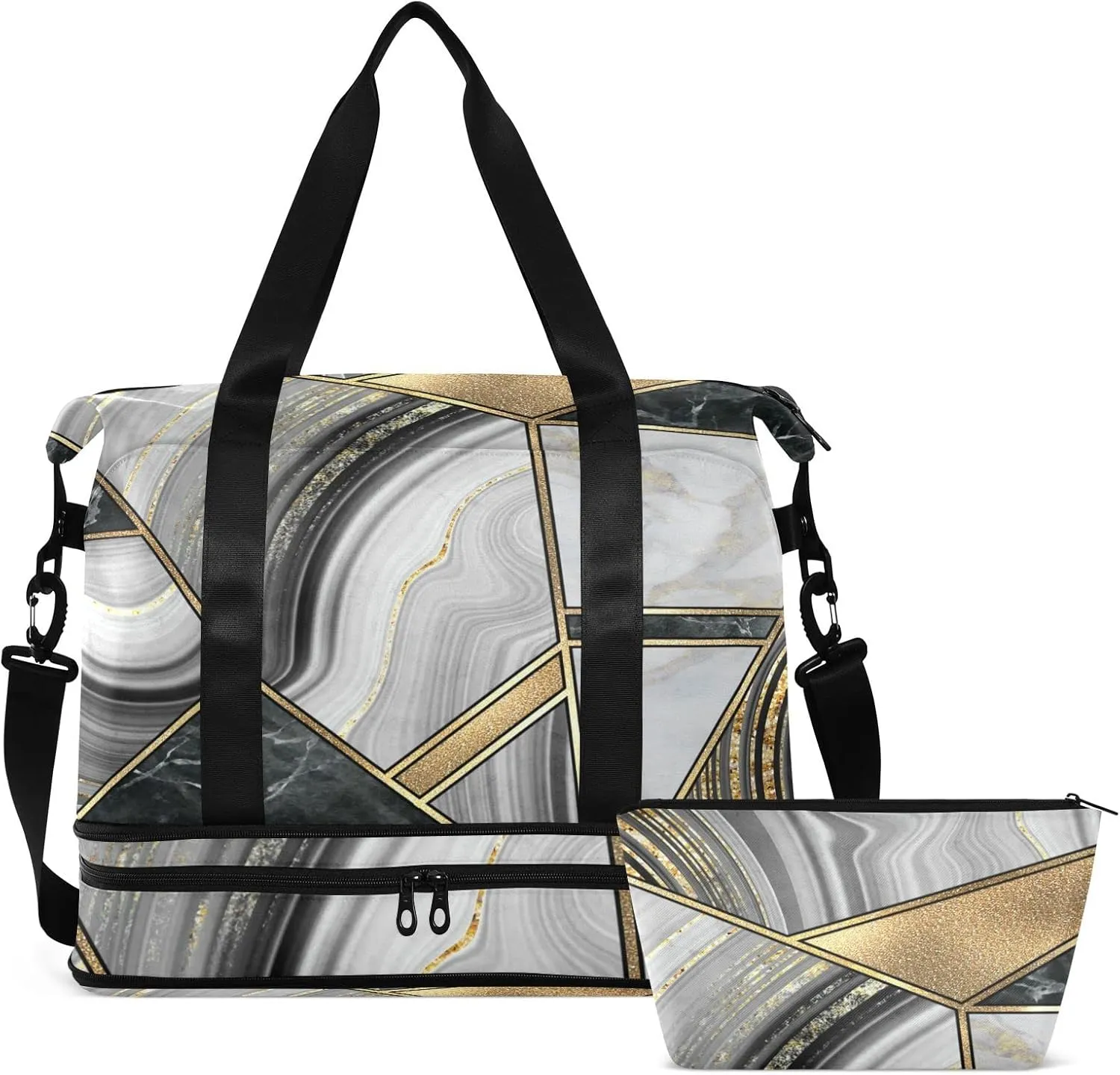 Geometrical Marble Mosaic Artificial Stone Green Marbled Tile Gym Duffel Bag, Polyester Travel Weekender Luggage Handbag with Waterproof Pocket for Wet Items, Unisex Foldable Tote for Sports