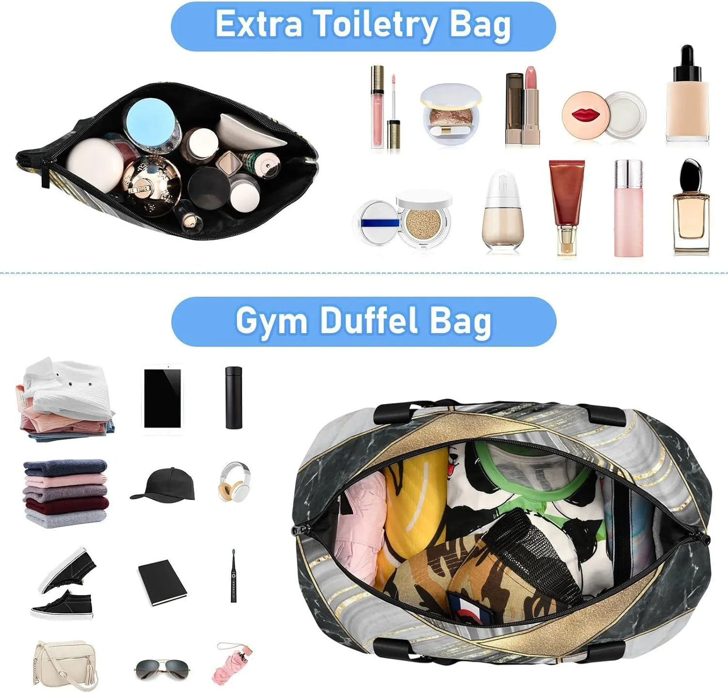Geometrical Marble Mosaic Artificial Stone Green Marbled Tile Gym Duffel Bag, Polyester Travel Weekender Luggage Handbag with Waterproof Pocket for Wet Items, Unisex Foldable Tote for Sports