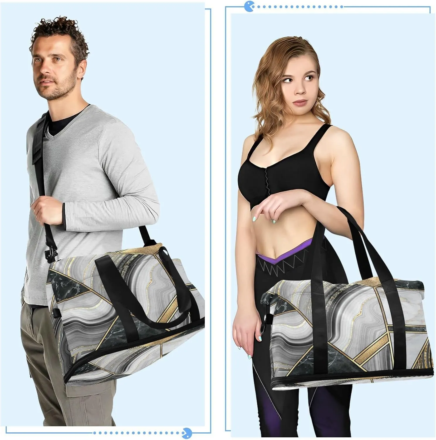 Geometrical Marble Mosaic Artificial Stone Green Marbled Tile Gym Duffel Bag, Polyester Travel Weekender Luggage Handbag with Waterproof Pocket for Wet Items, Unisex Foldable Tote for Sports