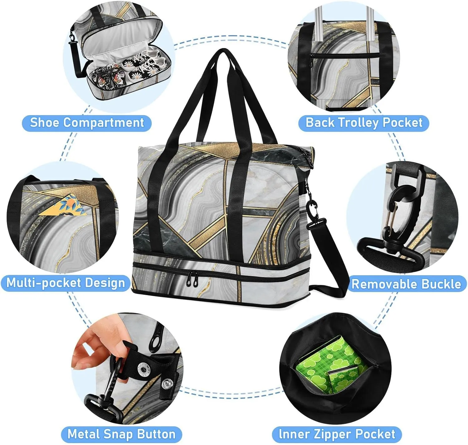 Geometrical Marble Mosaic Artificial Stone Green Marbled Tile Gym Duffel Bag, Polyester Travel Weekender Luggage Handbag with Waterproof Pocket for Wet Items, Unisex Foldable Tote for Sports