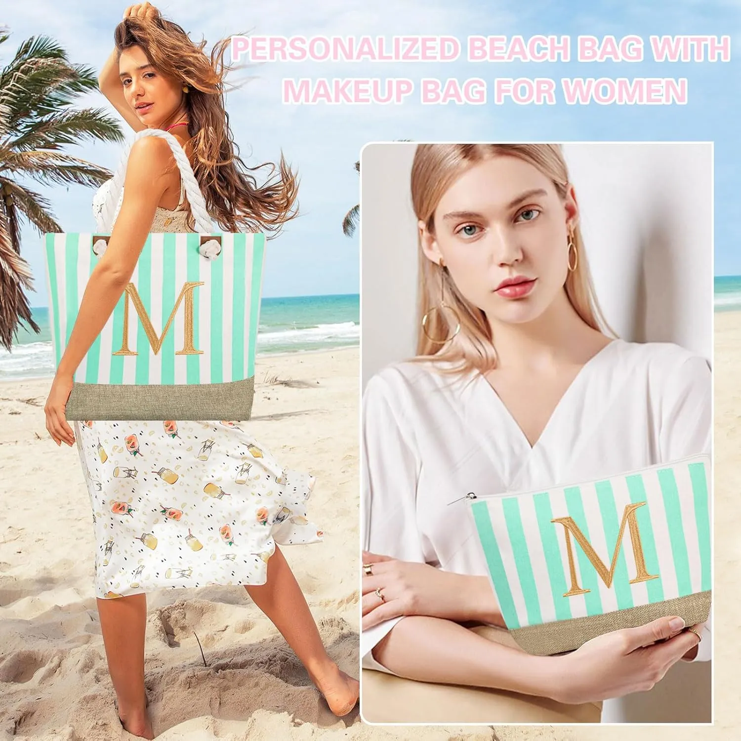 GhvyenntteS Mothers Day Gifts for Mama - Mama Bag, New Mom Gifts, Beach Tote Bag, Mom Bag with Zipper, Personalized Mama Tote Bag for Women, Grandma, Initial M