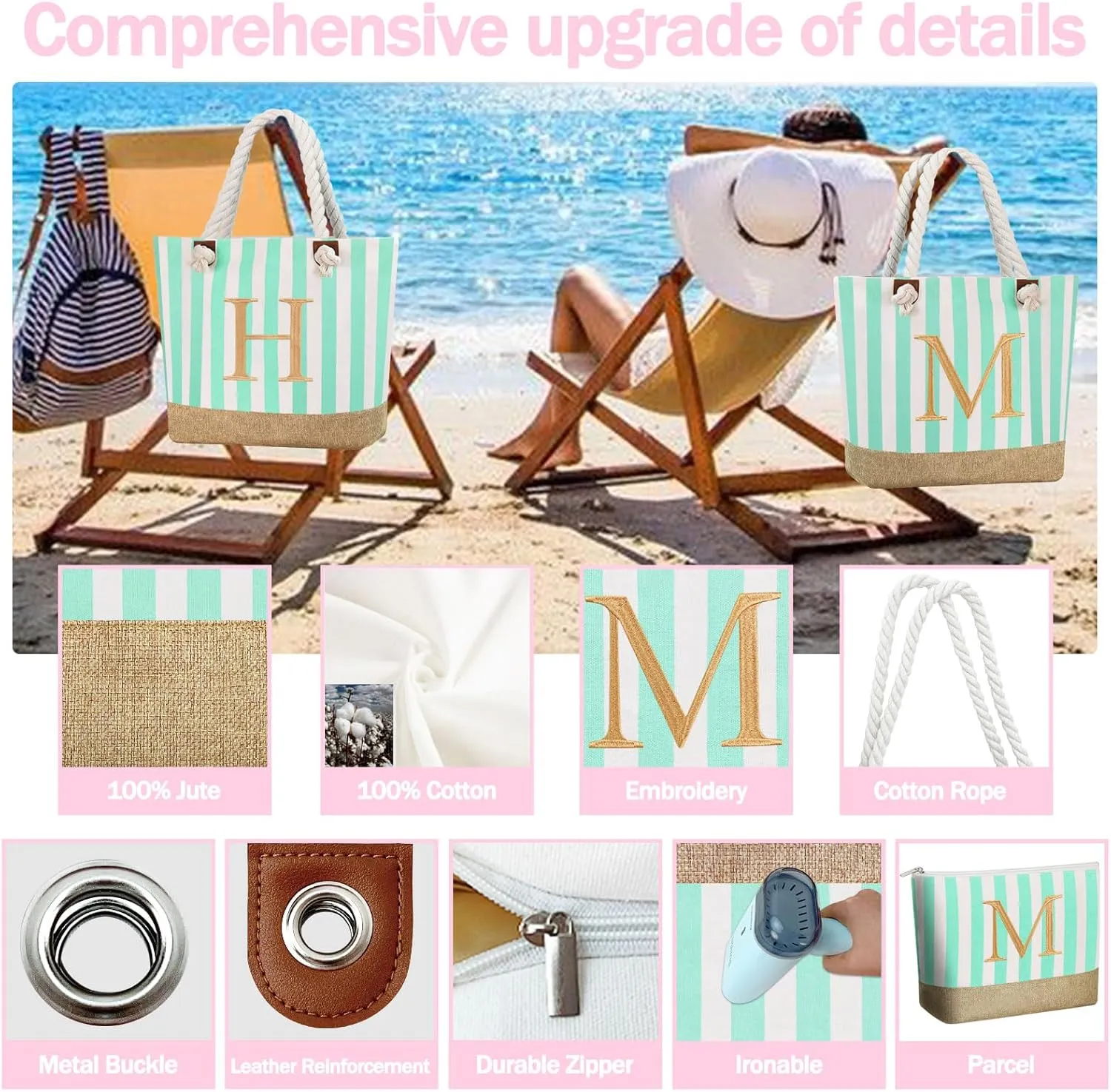 GhvyenntteS Mothers Day Gifts for Mama - Mama Bag, New Mom Gifts, Beach Tote Bag, Mom Bag with Zipper, Personalized Mama Tote Bag for Women, Grandma, Initial M