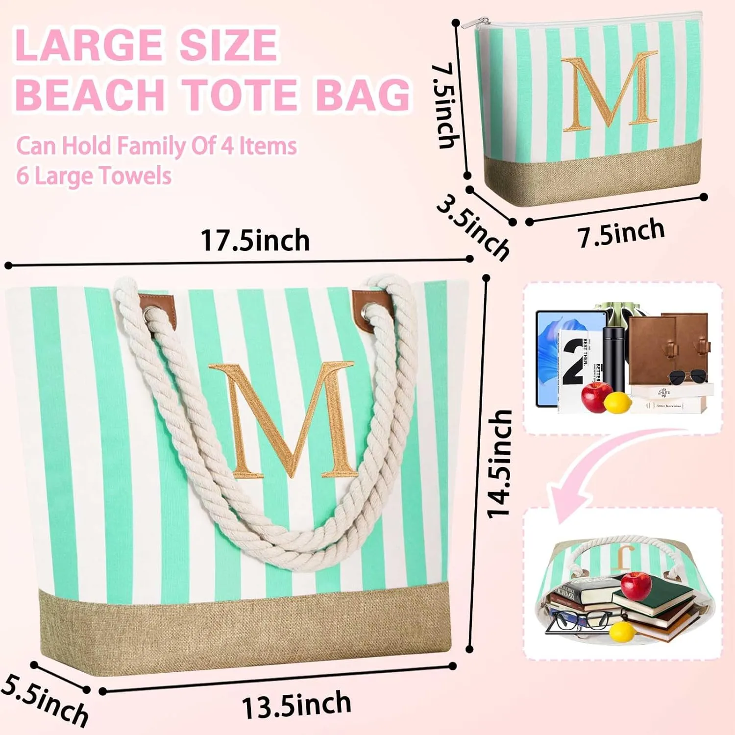 GhvyenntteS Mothers Day Gifts for Mama - Mama Bag, New Mom Gifts, Beach Tote Bag, Mom Bag with Zipper, Personalized Mama Tote Bag for Women, Grandma, Initial M