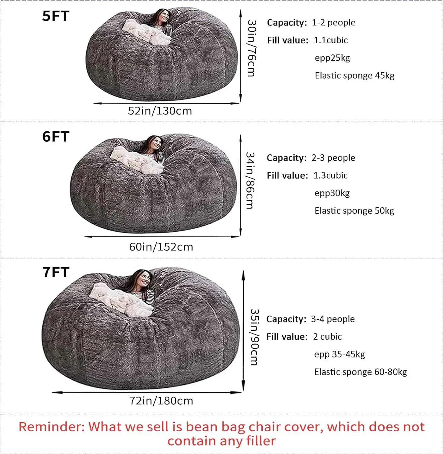 Giant Fur Bean Bag Chair Cover for Kids Adults, (No Filler) Living Room Furniture Big Round Soft Fluffy Faux Fur Beanbag Lazy Sofa Bed Cover (Black, 5FT)