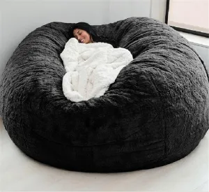Giant Fur Bean Bag Chair Cover for Kids Adults, (No Filler) Living Room Furniture Big Round Soft Fluffy Faux Fur Beanbag Lazy Sofa Bed Cover (Black, 5FT)