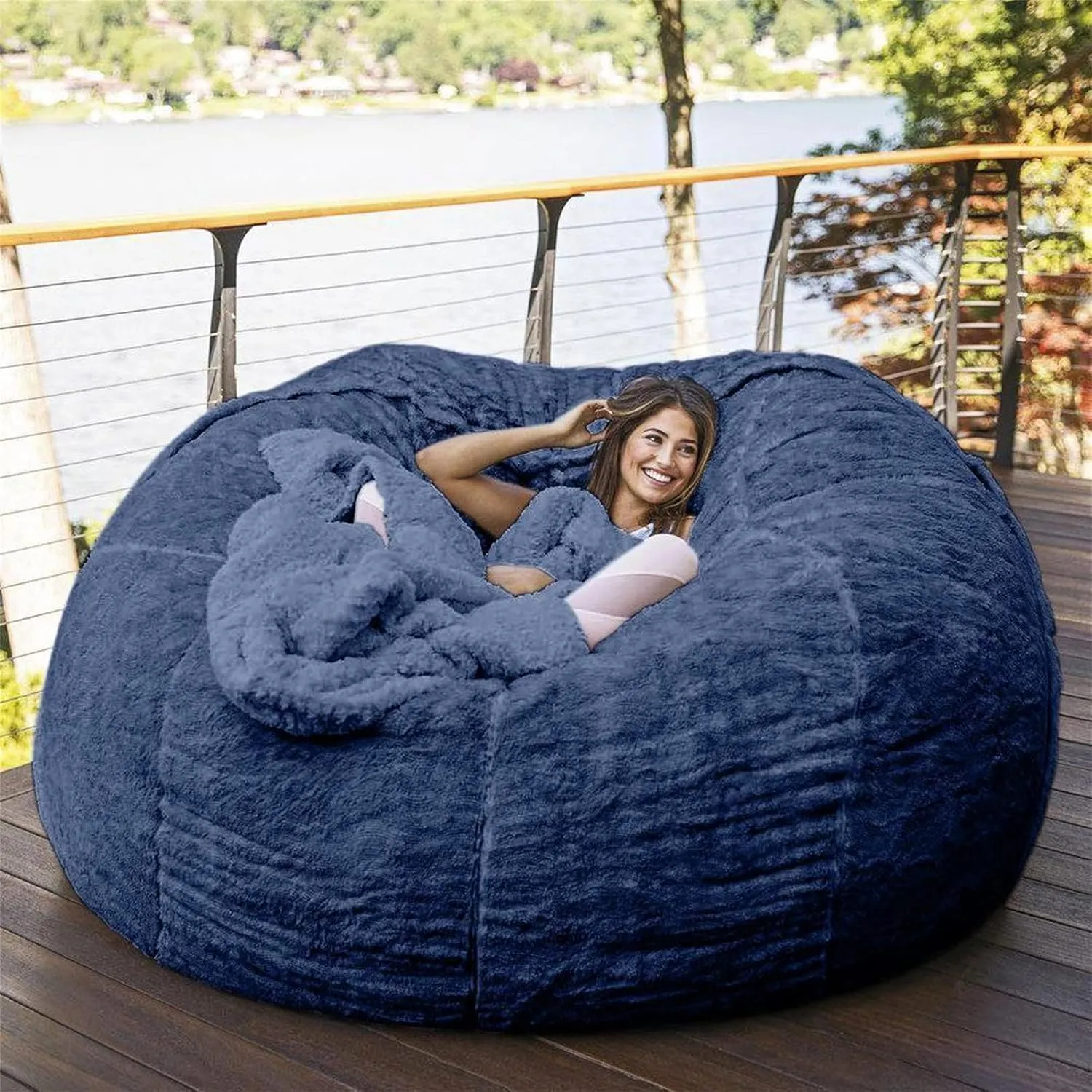 Giant Fur Bean Bag Chair Cover for Kids Adults, (No Filler) Living Room Furniture Big Round Soft Fluffy Faux Fur Beanbag Lazy Sofa Bed Cover (Blue, 7FT)