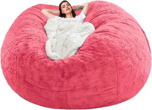 Giant Fur Bean Bag Chair Cover for Kids Adults, (No Filler) Living Room Furniture Big Round Soft Fluffy Faux Fur Beanbag Lazy Sofa Bed Cover (Rose red, 5FT)