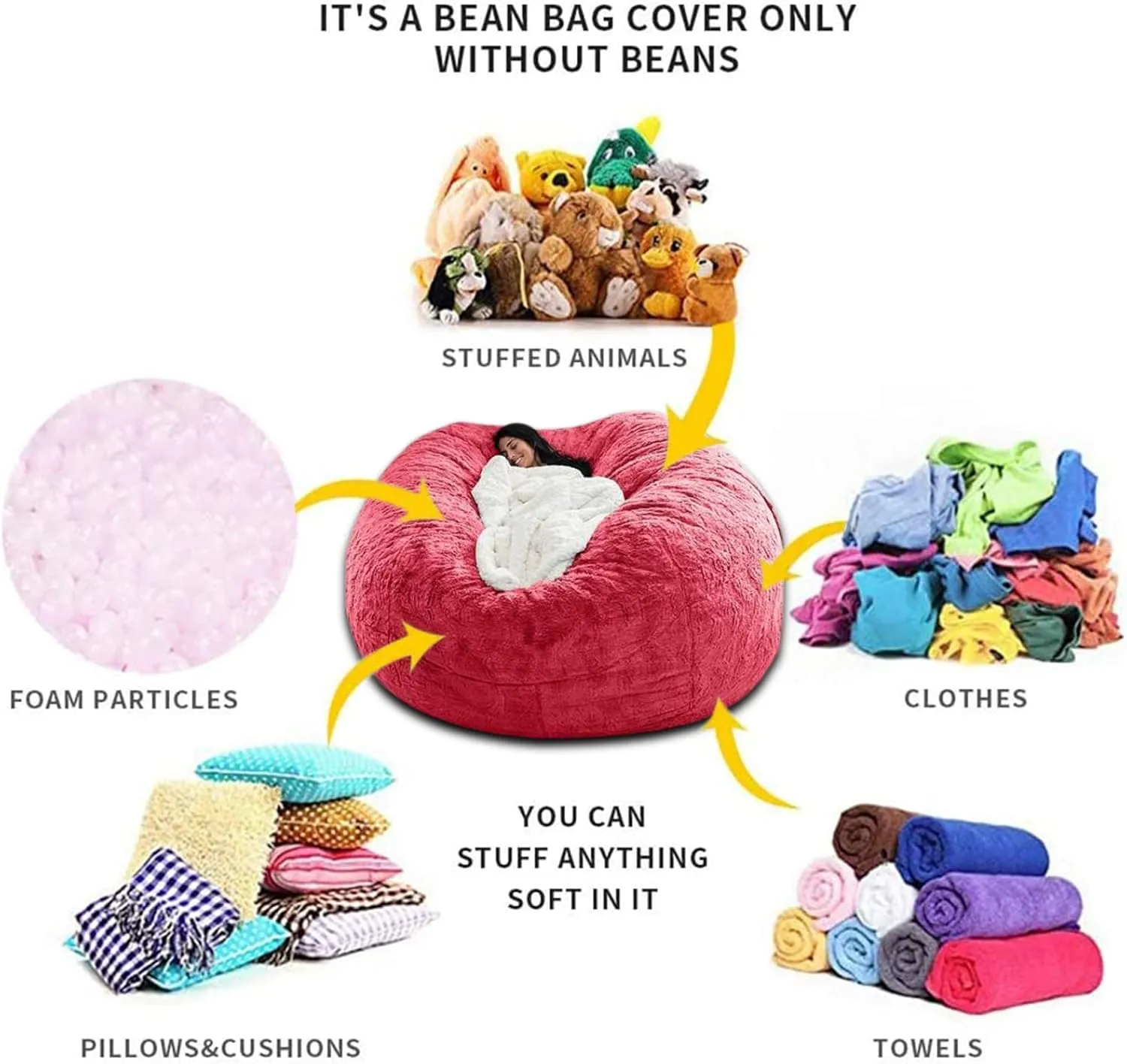 Giant Fur Bean Bag Chair Cover for Kids Adults, (No Filler) Living Room Furniture Big Round Soft Fluffy Faux Fur Beanbag Lazy Sofa Bed Cover (Rose red, 5FT)