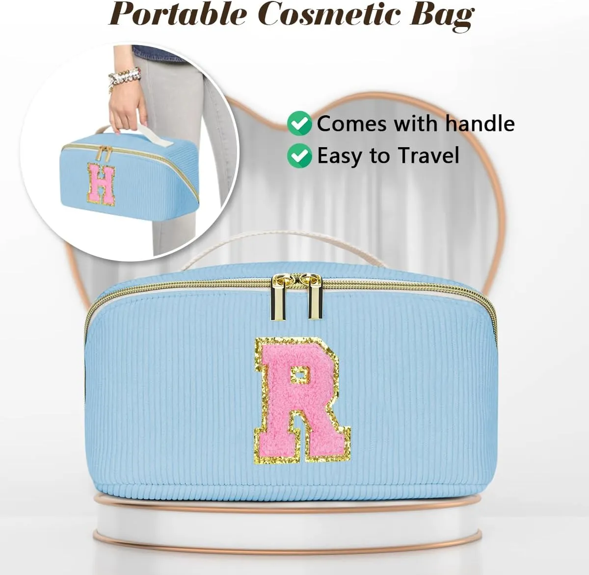 Gifts for Girls, Initial Travel Makeup Bag Women's Day Gift Make up Bag Cosmetic Bags Monther's Day Gifts, Personalized Stuff Bag Cute Makeup Bag Birthday Gifts for Women/Friend/Mother Blue - G