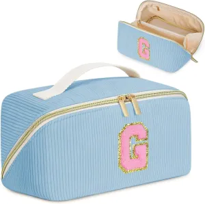 Gifts for Girls, Initial Travel Makeup Bag Women's Day Gift Make up Bag Cosmetic Bags Monther's Day Gifts, Personalized Stuff Bag Cute Makeup Bag Birthday Gifts for Women/Friend/Mother Blue - G