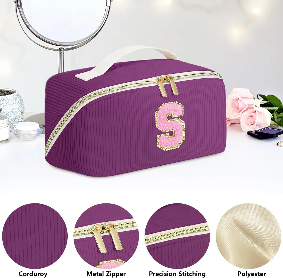 Gifts for Girls, Initial Travel Makeup Bag Women's Day Gift Make up Bag Cosmetic Bags Monther's Day Gifts, Personalized Stuff Bag Cute Makeup Bag Birthday Gifts for Women/Friend/Mother Deep Purple - D
