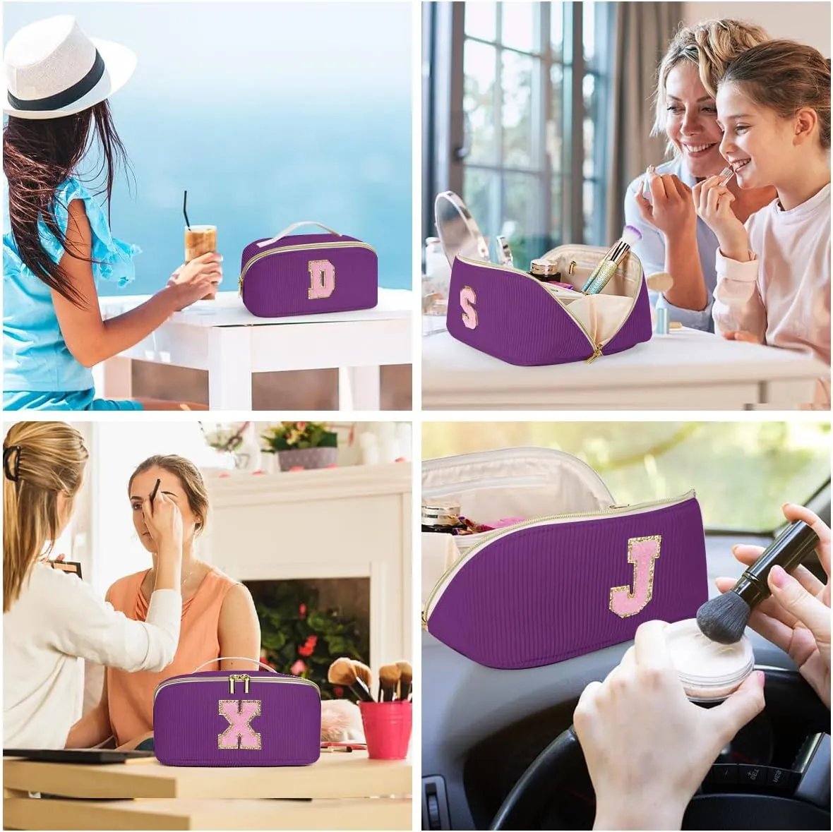 Gifts for Girls, Initial Travel Makeup Bag Women's Day Gift Make up Bag Cosmetic Bags Monther's Day Gifts, Personalized Stuff Bag Cute Makeup Bag Birthday Gifts for Women/Friend/Mother Deep Purple - D
