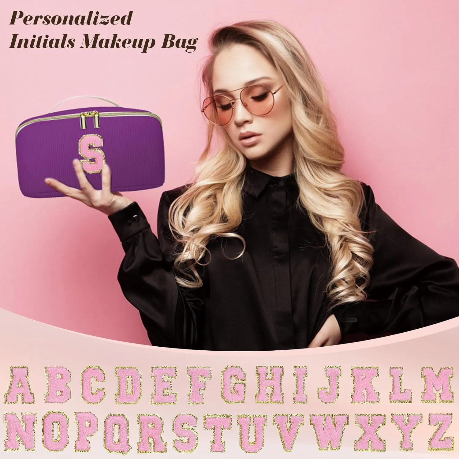 Gifts for Girls, Initial Travel Makeup Bag Women's Day Gift Make up Bag Cosmetic Bags Monther's Day Gifts, Personalized Stuff Bag Cute Makeup Bag Birthday Gifts for Women/Friend/Mother Deep Purple - D