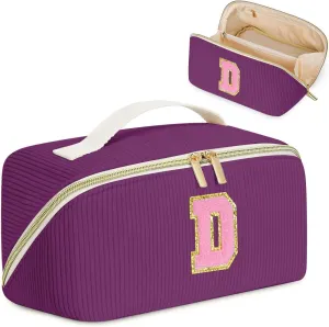 Gifts for Girls, Initial Travel Makeup Bag Women's Day Gift Make up Bag Cosmetic Bags Monther's Day Gifts, Personalized Stuff Bag Cute Makeup Bag Birthday Gifts for Women/Friend/Mother Deep Purple - D