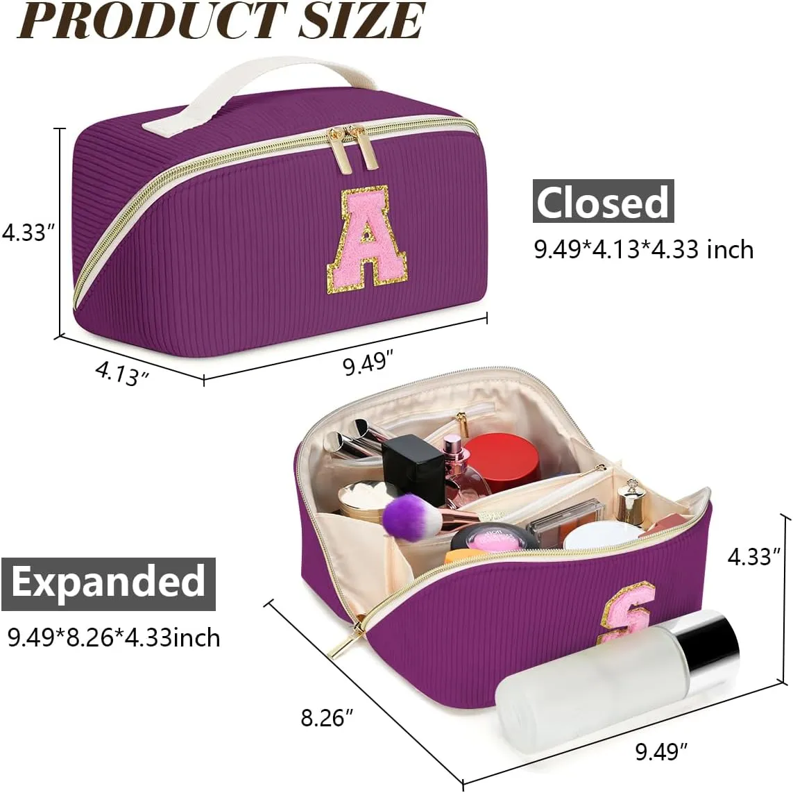 Gifts for Girls, Initial Travel Makeup Bag Women's Day Gift Make up Bag Cosmetic Bags Monther's Day Gifts, Personalized Stuff Bag Cute Makeup Bag Birthday Gifts for Women/Friend/Mother Deep Purple - D
