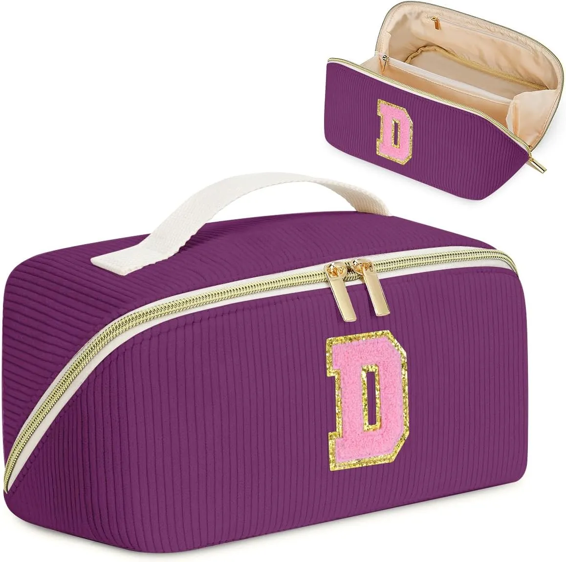 Gifts for Girls, Initial Travel Makeup Bag Women's Day Gift Make up Bag Cosmetic Bags Monther's Day Gifts, Personalized Stuff Bag Cute Makeup Bag Birthday Gifts for Women/Friend/Mother Deep Purple - D