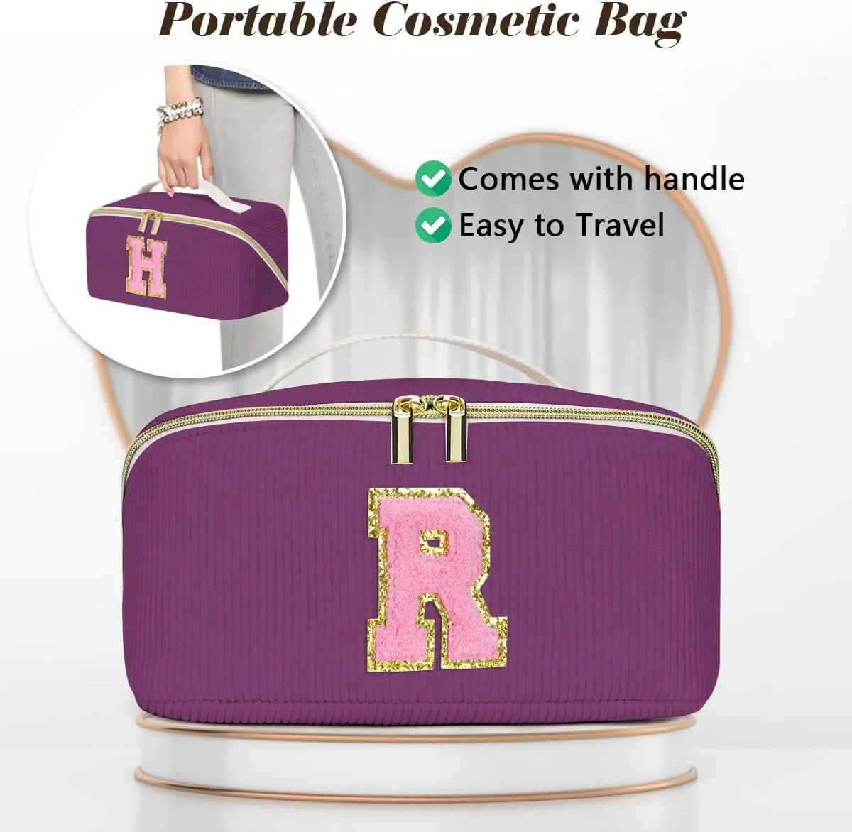 Gifts for Girls, Initial Travel Makeup Bag Women's Day Gift Make up Bag Cosmetic Bags Monther's Day Gifts, Personalized Stuff Bag Cute Makeup Bag Birthday Gifts for Women/Friend/Mother Deep Purple - D
