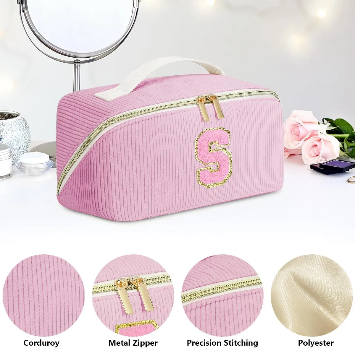 Gifts for Girls, Initial Travel Makeup Bag Women's Day Gift Make up Bag Cosmetic Bags Monther's Day Gifts, Personalized Stuff Bag Cute Makeup Bag Birthday Gifts for Women/Friend/Mother Pink - D