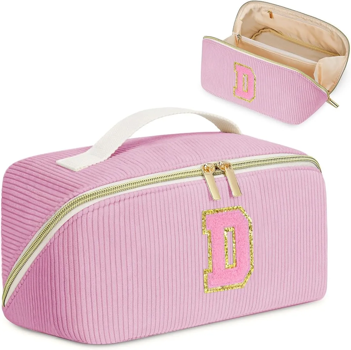 Gifts for Girls, Initial Travel Makeup Bag Women's Day Gift Make up Bag Cosmetic Bags Monther's Day Gifts, Personalized Stuff Bag Cute Makeup Bag Birthday Gifts for Women/Friend/Mother Pink - D