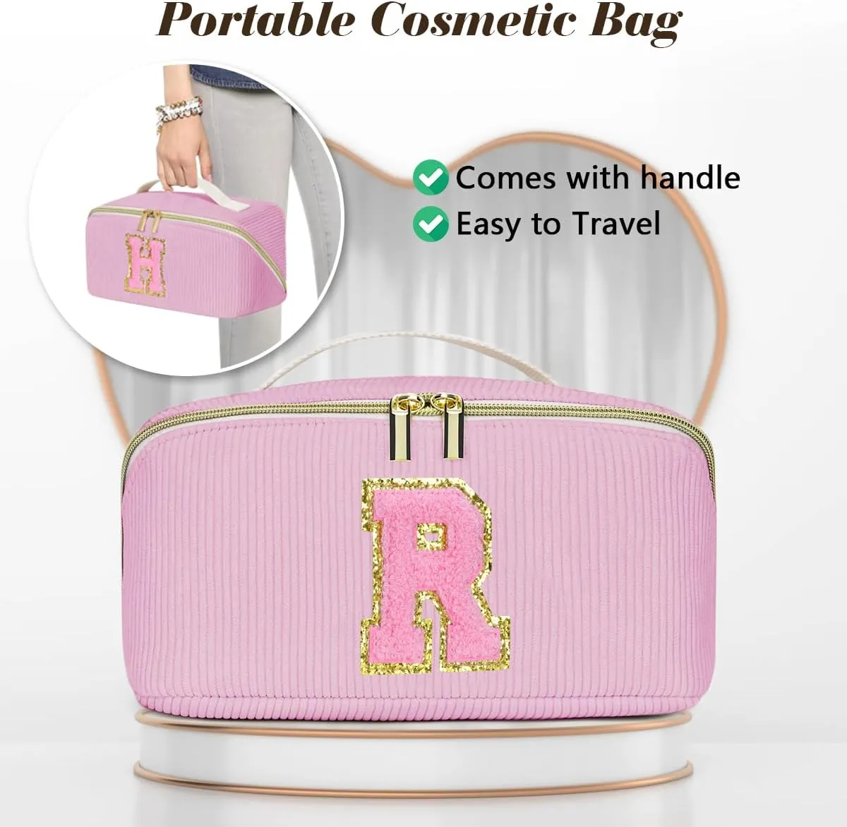 Gifts for Girls, Initial Travel Makeup Bag Women's Day Gift Make up Bag Cosmetic Bags Monther's Day Gifts, Personalized Stuff Bag Cute Makeup Bag Birthday Gifts for Women/Friend/Mother Pink - D