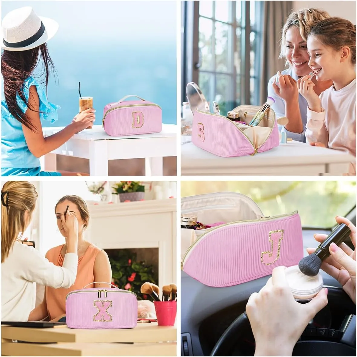 Gifts for Girls, Initial Travel Makeup Bag Women's Day Gift Make up Bag Cosmetic Bags Monther's Day Gifts, Personalized Stuff Bag Cute Makeup Bag Birthday Gifts for Women/Friend/Mother Pink - D