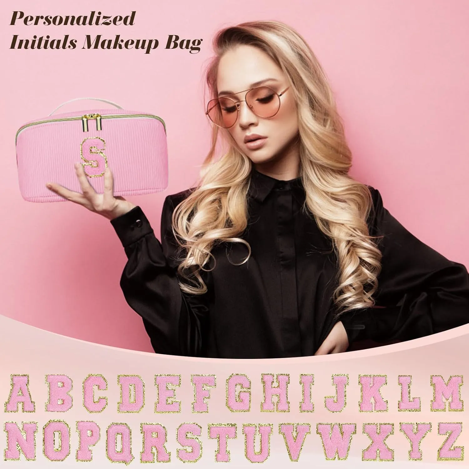 Gifts for Girls, Initial Travel Makeup Bag Women's Day Gift Make up Bag Cosmetic Bags Monther's Day Gifts, Personalized Stuff Bag Cute Makeup Bag Birthday Gifts for Women/Friend/Mother Pink - D