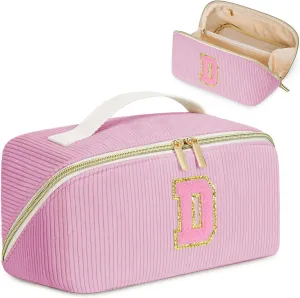 Gifts for Girls, Initial Travel Makeup Bag Women's Day Gift Make up Bag Cosmetic Bags Monther's Day Gifts, Personalized Stuff Bag Cute Makeup Bag Birthday Gifts for Women/Friend/Mother Pink - D