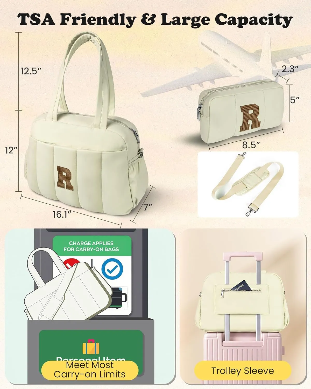 Gifts for Women 20s, Initial Duffel Bag, Personalized Weekender Bag, Monogram Overnight Bag for Women, Travel Bag with Makeup Bag, Granddaughter Gift Teen Girl Gifts Trendy Stuff (Letter S)