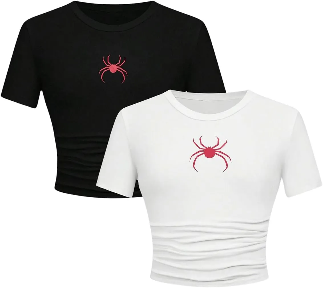 Girl's 2 Packs Graphic Tees Short Sleeve Crew Neck Crop Tops Slim Fit Summer Cute Tees