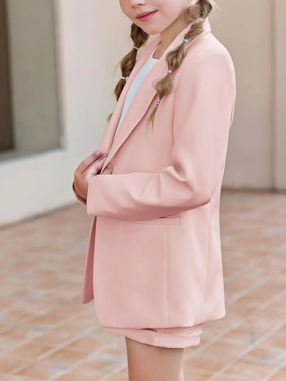 Girls 2 Piece Outfits Button Front Long Sleeve Blazer and Short Pants Suit Sets 4-14 Years