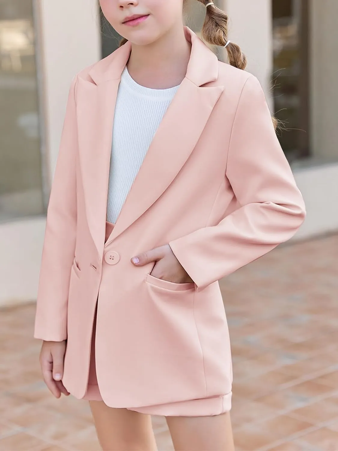 Girls 2 Piece Outfits Button Front Long Sleeve Blazer and Short Pants Suit Sets 4-14 Years