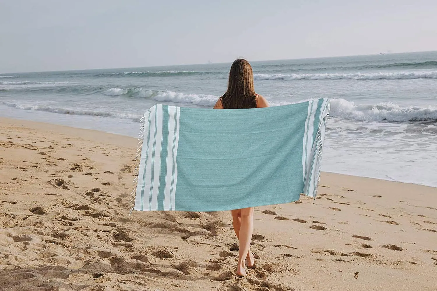 GLAMBURG Peshtemal Turkish Towel Cotton Beach Towels Oversized 36x71 Set of 4, Cotton Beach Towels for Adults, Soft Durable Absorbent Extra Large Bath Sheet Hammam Towel - Teal