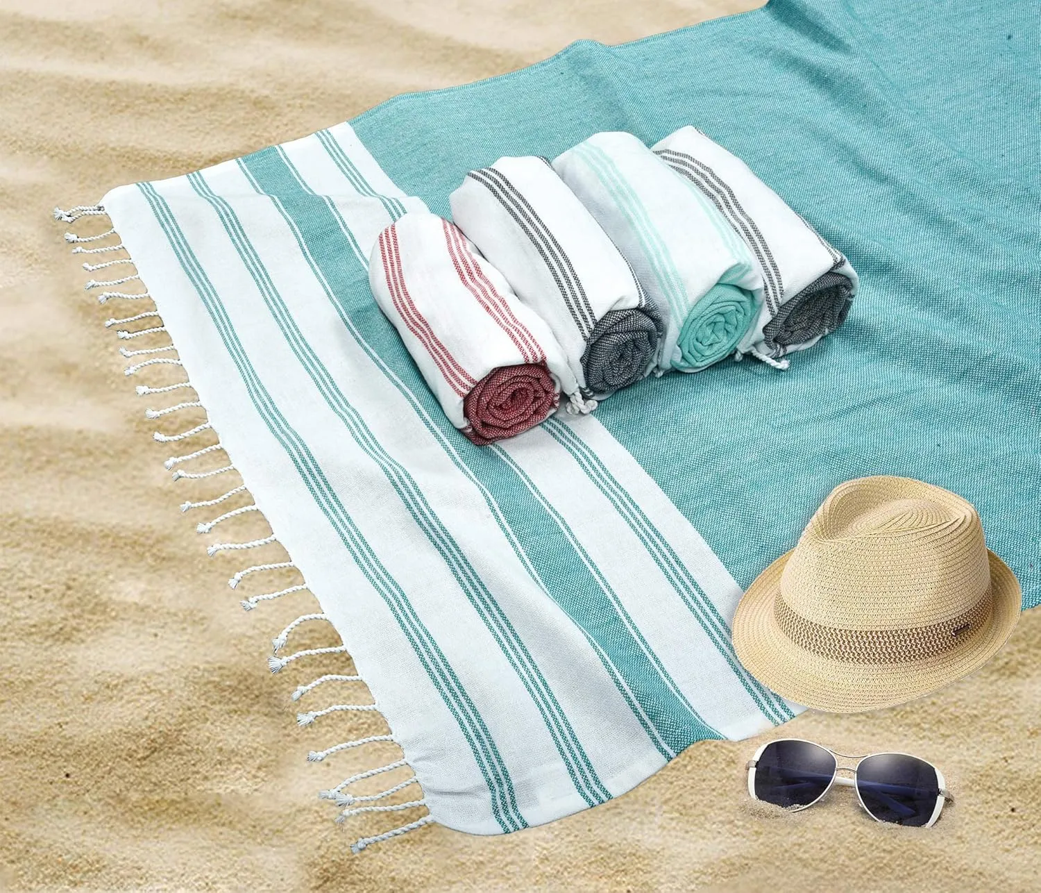 GLAMBURG Peshtemal Turkish Towel Cotton Beach Towels Oversized 36x71 Set of 4, Cotton Beach Towels for Adults, Soft Durable Absorbent Extra Large Bath Sheet Hammam Towel - Teal