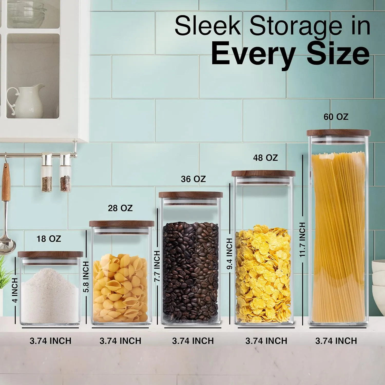 Glass Jars with Wood Lids Set of (2) 36 fl oz Airtight and Stackable Storage Containers for the Kitchen Pantry Wooden Acacia Lid holds Food Cookies Pasta
