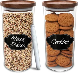 Glass Jars with Wood Lids Set of (2) 36 fl oz Airtight and Stackable Storage Containers for the Kitchen Pantry Wooden Acacia Lid holds Food Cookies Pasta