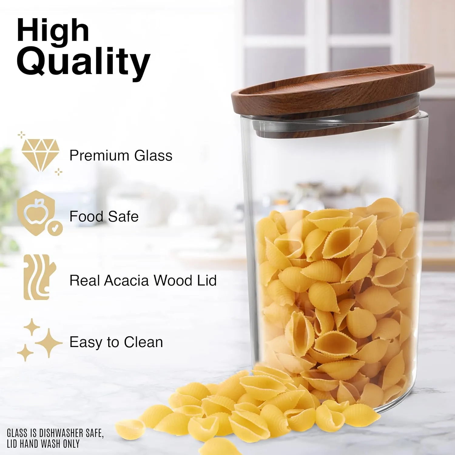 Glass Jars with Wood Lids Set of (2) 36 fl oz Airtight and Stackable Storage Containers for the Kitchen Pantry Wooden Acacia Lid holds Food Cookies Pasta