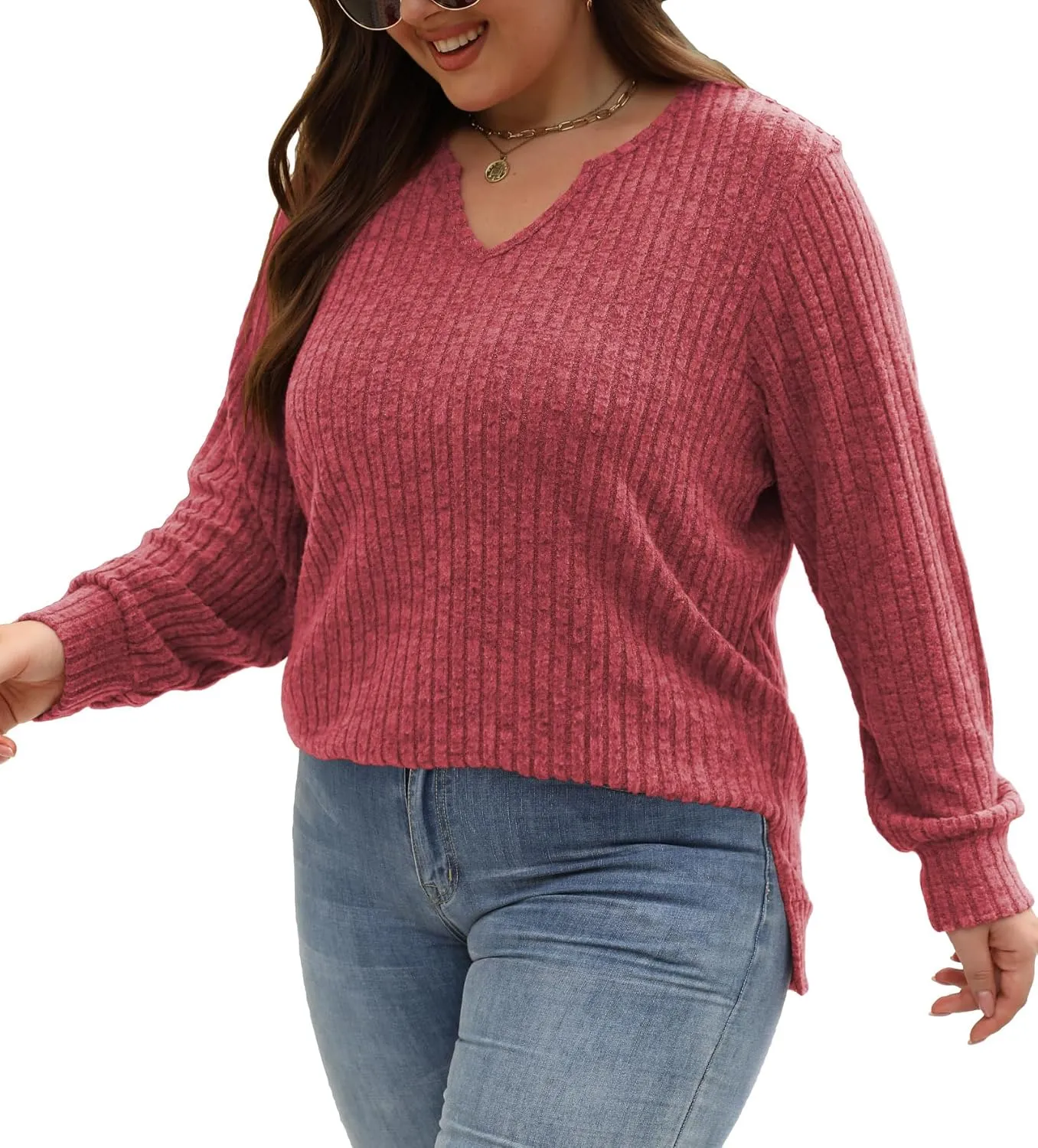 Gloria&Sarah Women's Casual Long Sleeve V Neck Lightweight Knitted Sweaters Loose Fit Plus Size Tunic Tops L-4XL
