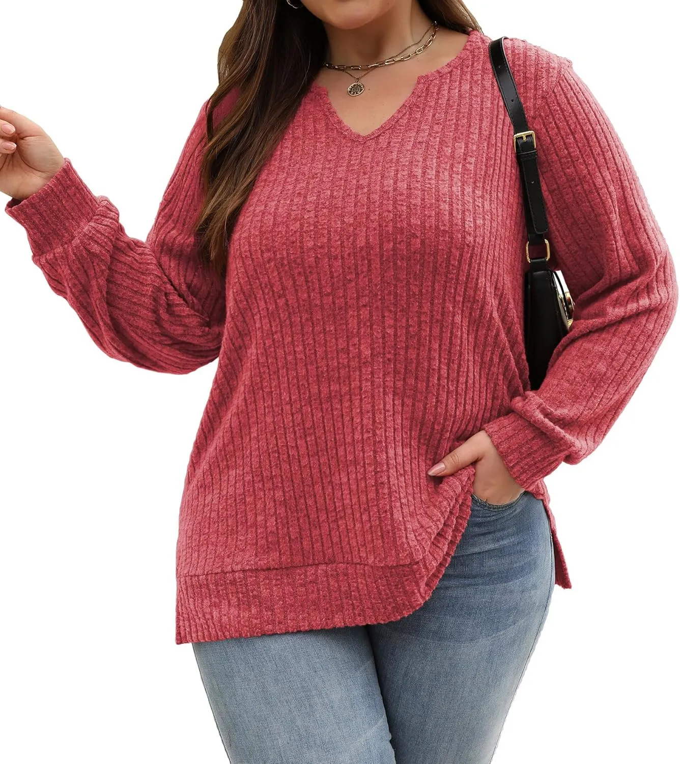 Gloria&Sarah Women's Casual Long Sleeve V Neck Lightweight Knitted Sweaters Loose Fit Plus Size Tunic Tops L-4XL