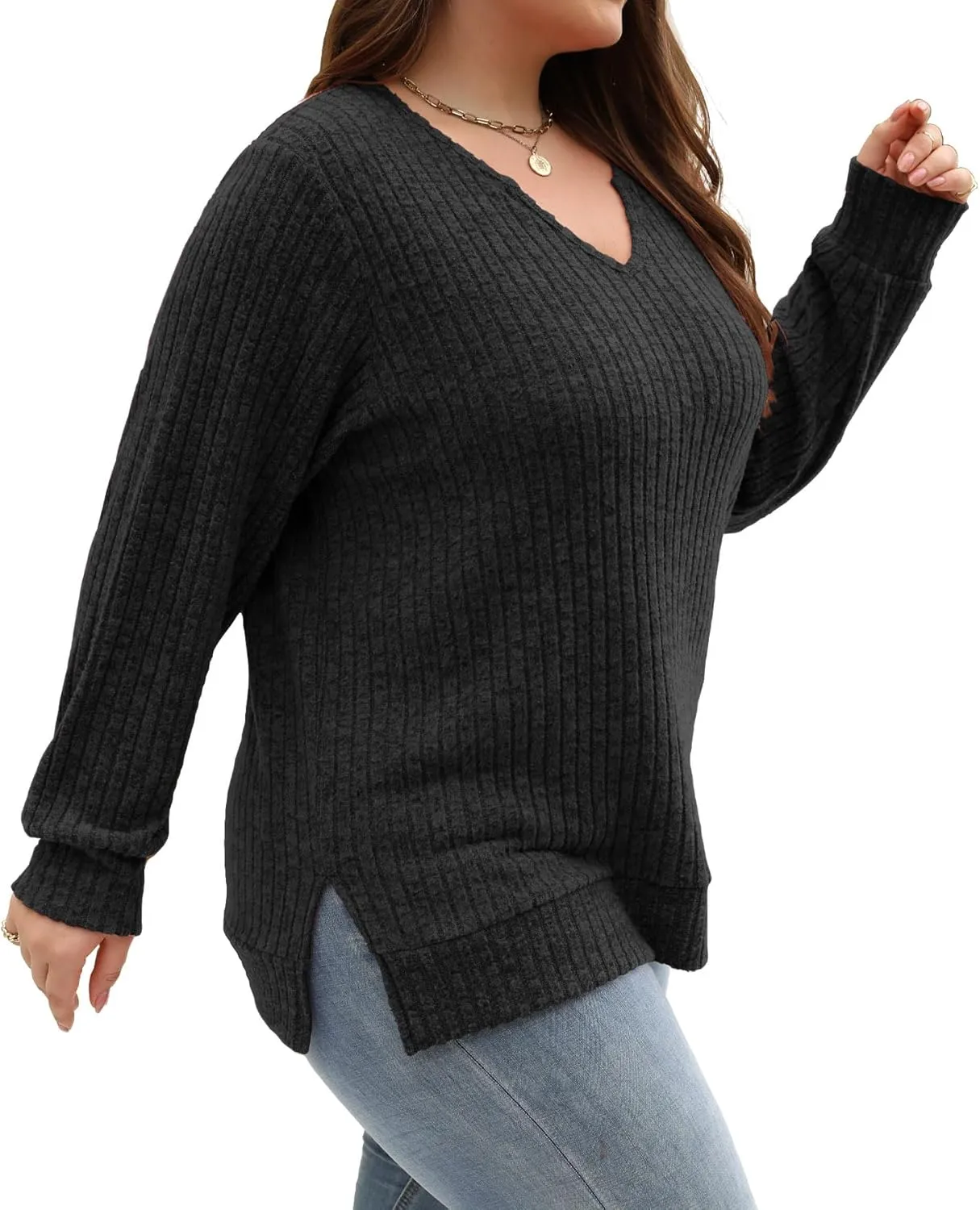 Gloria&Sarah Women's Casual Long Sleeve V Neck Lightweight Knitted Sweaters Loose Fit Plus Size Tunic Tops L-4XL