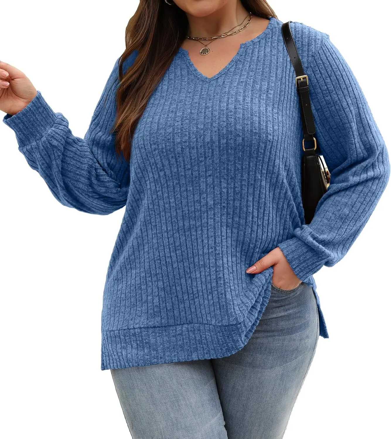 Gloria&Sarah Women's Casual Long Sleeve V Neck Lightweight Knitted Sweaters Loose Fit Plus Size Tunic Tops L-4XL