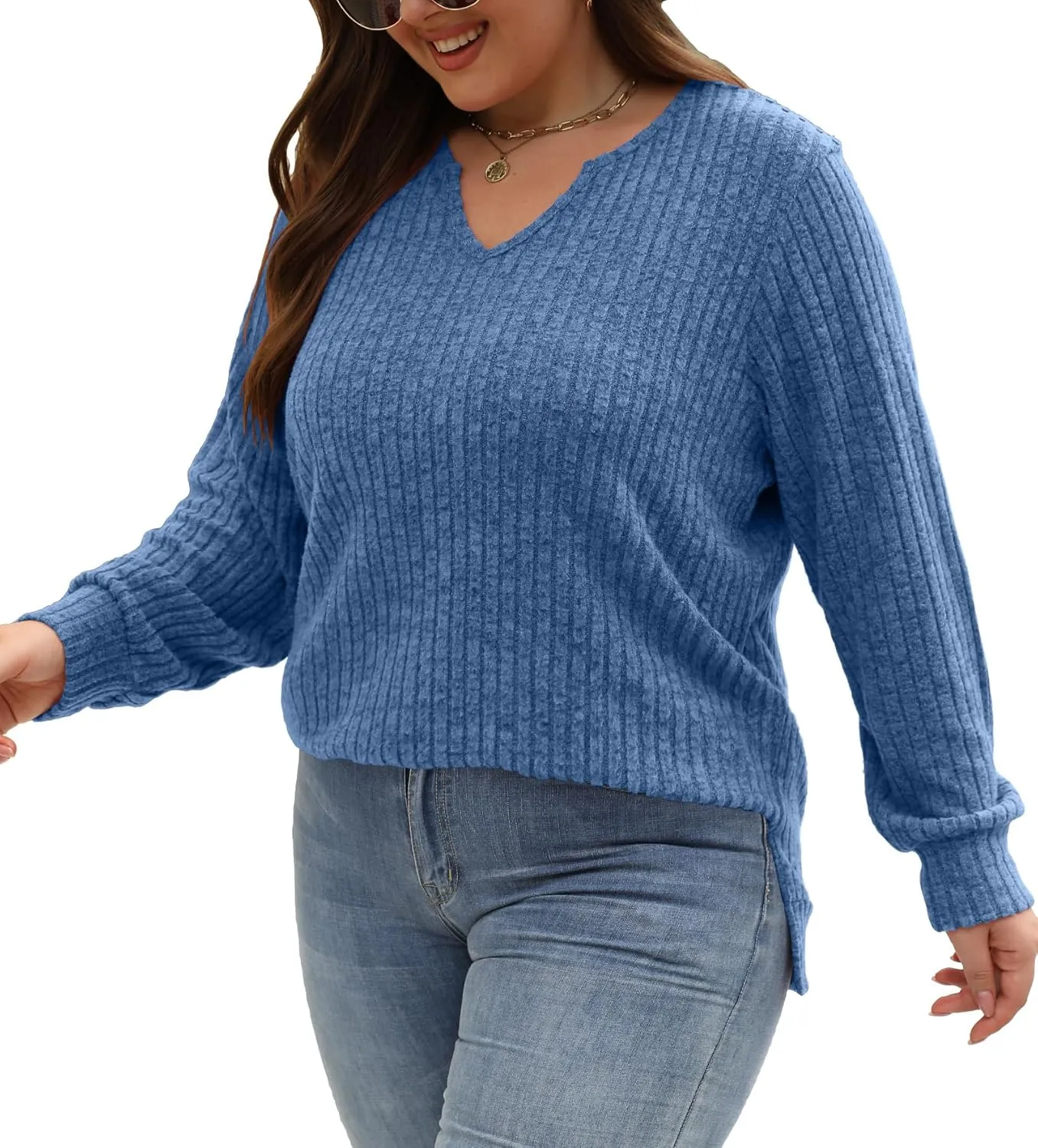 Gloria&Sarah Women's Casual Long Sleeve V Neck Lightweight Knitted Sweaters Loose Fit Plus Size Tunic Tops L-4XL
