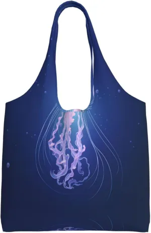 Glowing Jellyfish Printed single-shoulder canvas bag, large-capacity grocery shopping bag, light and easy to carry